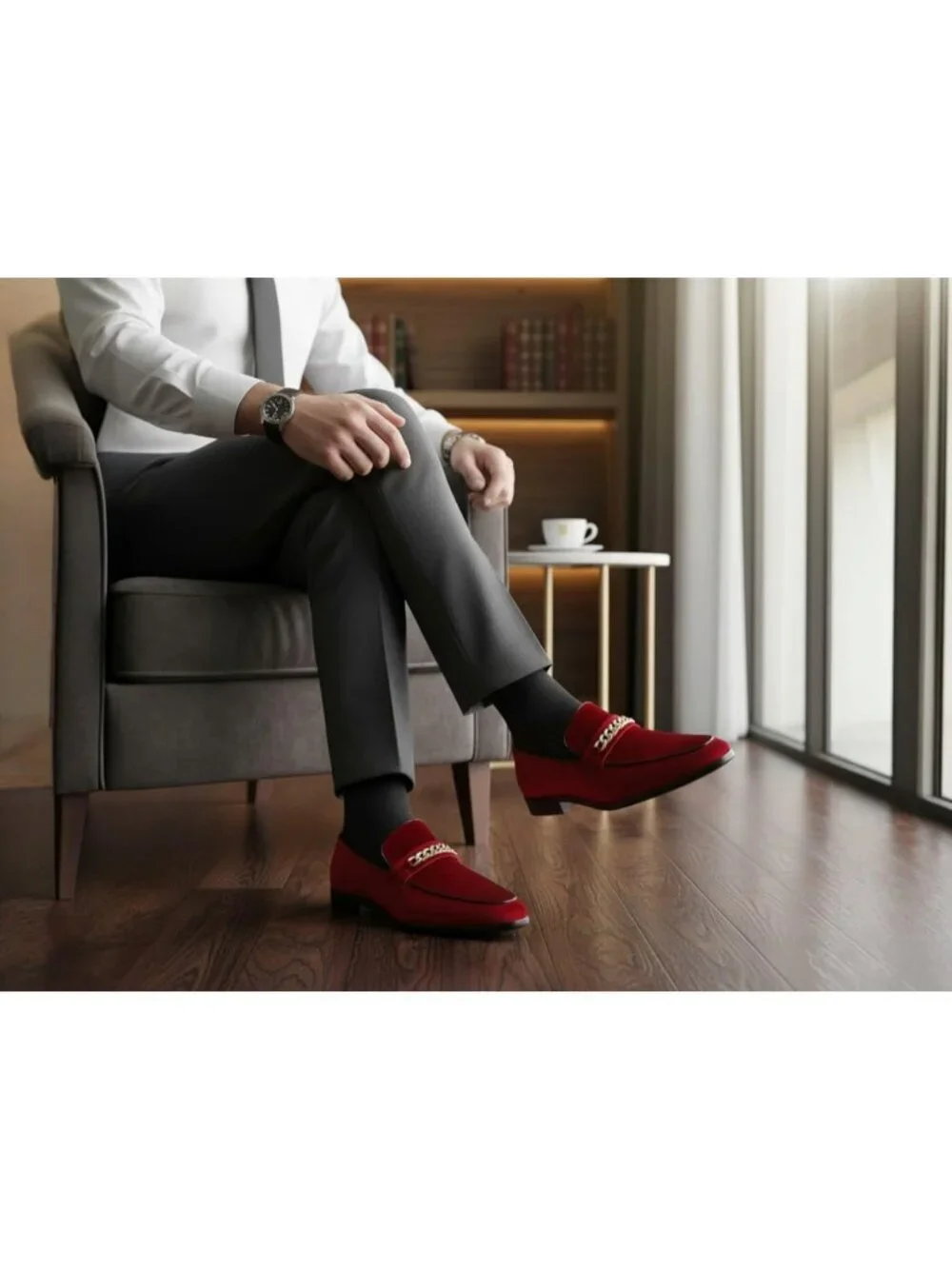 Metrocharm Men's Red Vintage Velvet Loafers Gold Chain Buckle Slip On Shoes